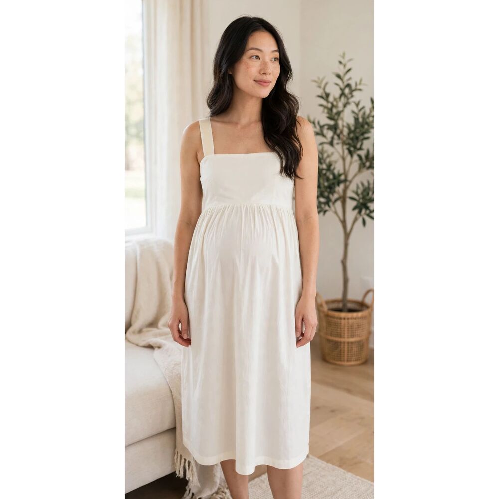 Hatch Cream Maternity Silk Wool Maternity Midi Dress Square Neck Empire Waist OS